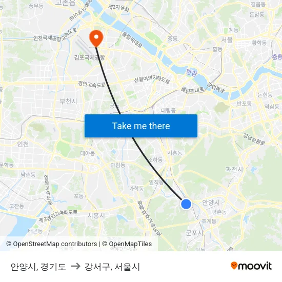 안양시, 경기도 to 강서구, 서울시 map