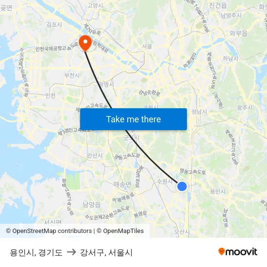 용인시, 경기도 to 강서구, 서울시 map