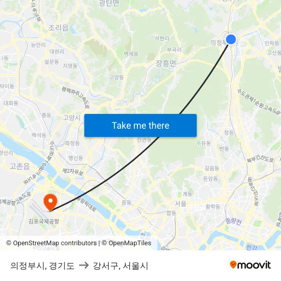 의정부시, 경기도 to 강서구, 서울시 map