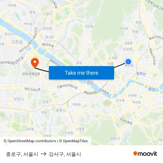 종로구, 서울시 to 강서구, 서울시 map