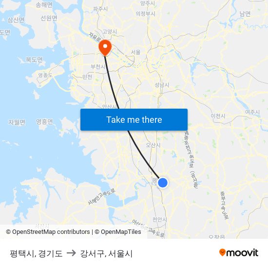 평택시, 경기도 to 강서구, 서울시 map