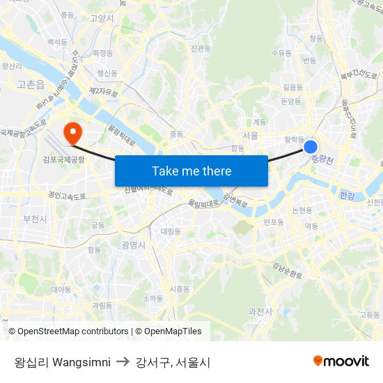 왕십리 Wangsimni to 강서구, 서울시 map