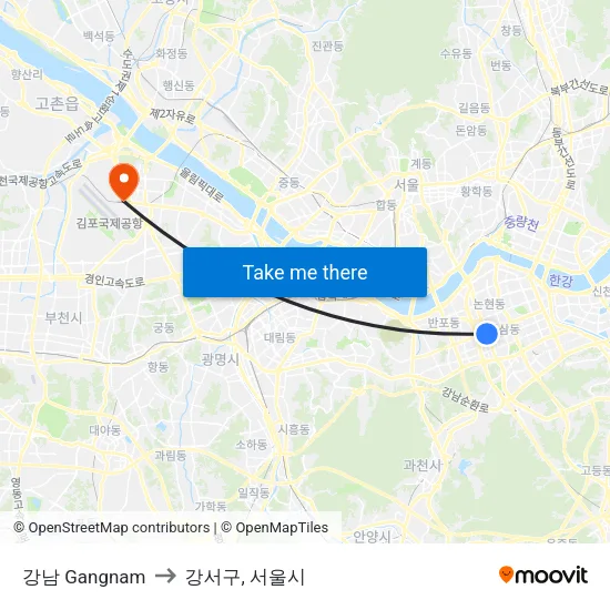 강남 Gangnam to 강서구, 서울시 map