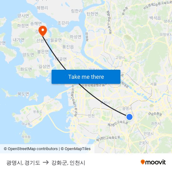 광명시, 경기도 to 강화군, 인천시 map