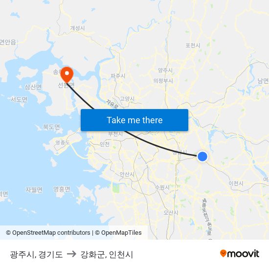 광주시, 경기도 to 강화군, 인천시 map