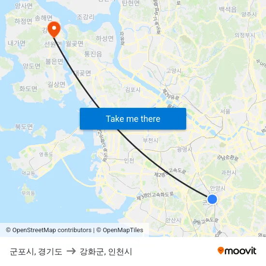 군포시, 경기도 to 강화군, 인천시 map