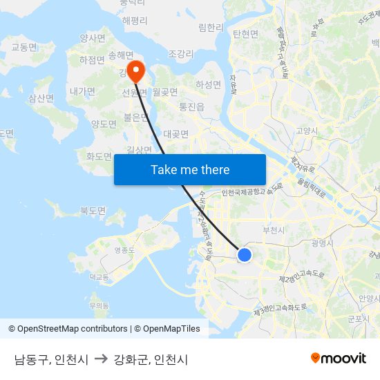 남동구, 인천시 to 강화군, 인천시 map