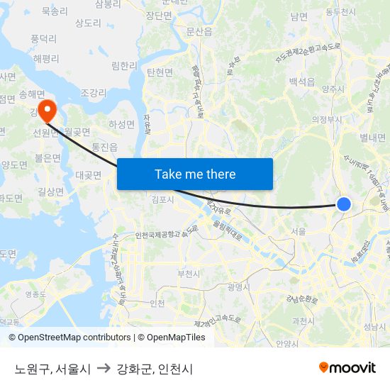 노원구, 서울시 to 강화군, 인천시 map