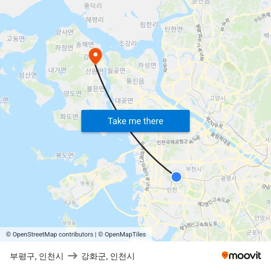 부평구, 인천시 to 강화군, 인천시 map