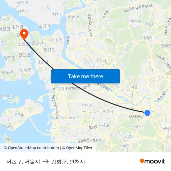 서초구, 서울시 to 강화군, 인천시 map