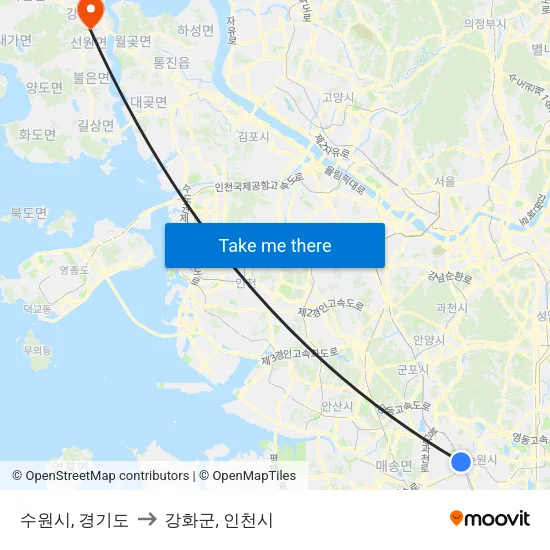 수원시, 경기도 to 강화군, 인천시 map