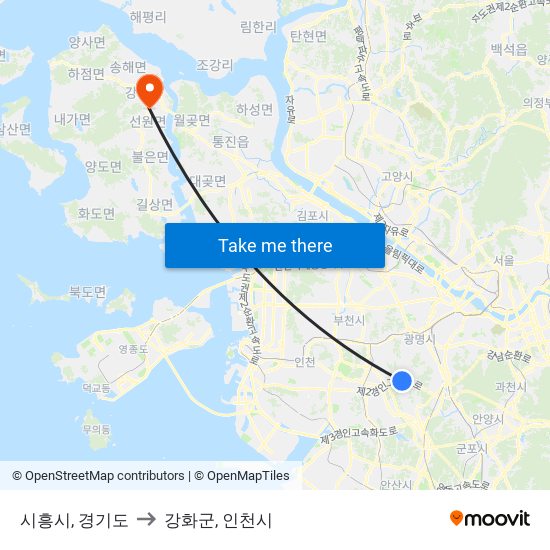 시흥시, 경기도 to 강화군, 인천시 map