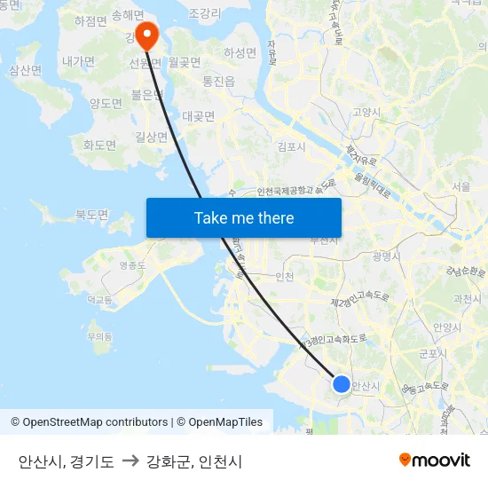 안산시, 경기도 to 강화군, 인천시 map