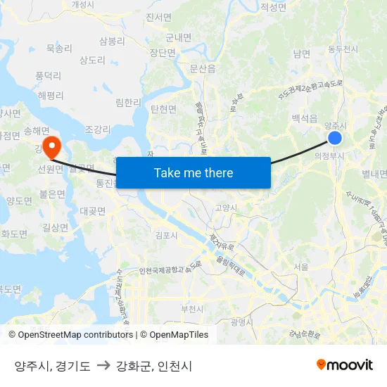 양주시, 경기도 to 강화군, 인천시 map