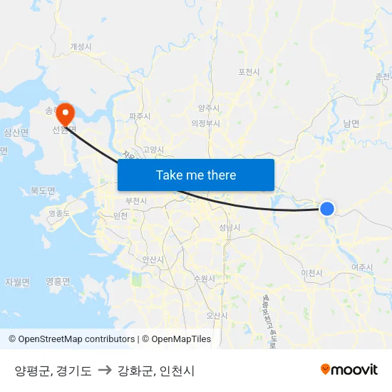양평군, 경기도 to 강화군, 인천시 map