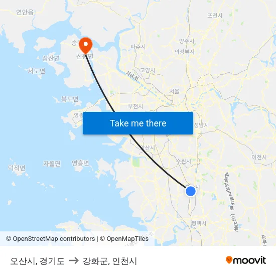 오산시, 경기도 to 강화군, 인천시 map