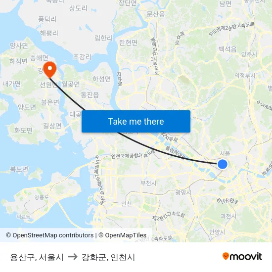 용산구, 서울시 to 강화군, 인천시 map