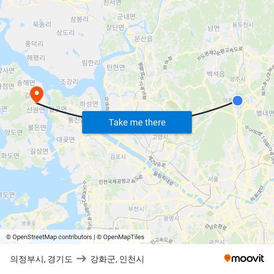 의정부시, 경기도 to 강화군, 인천시 map