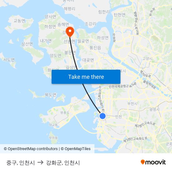 중구, 인천시 to 강화군, 인천시 map
