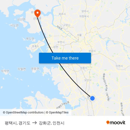 평택시, 경기도 to 강화군, 인천시 map