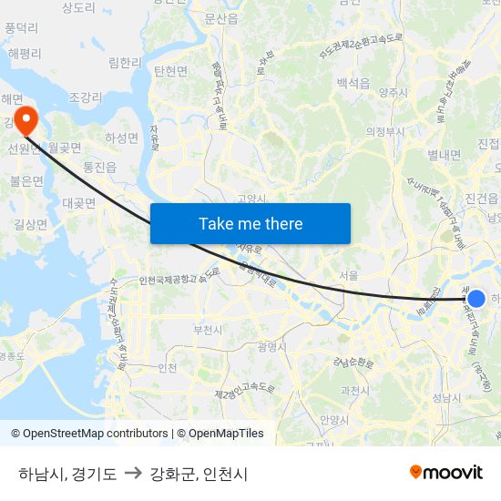 하남시, 경기도 to 강화군, 인천시 map