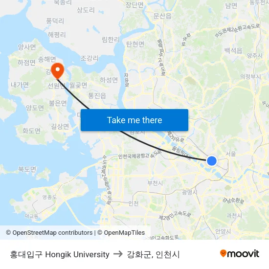 홍대입구 Hongik University to 강화군, 인천시 map