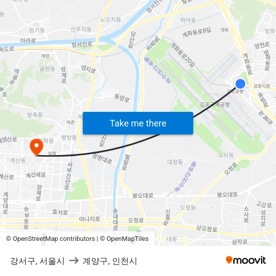 강서구, 서울시 to 계양구, 인천시 map