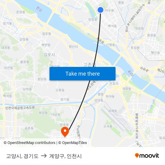 고양시, 경기도 to 계양구, 인천시 map