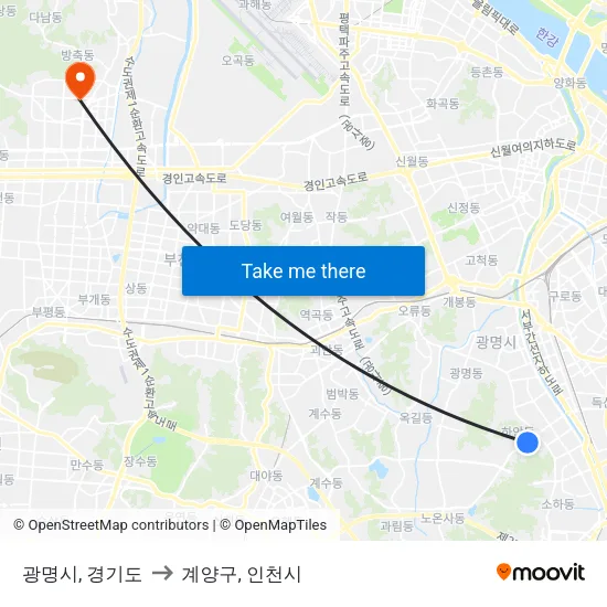 광명시, 경기도 to 계양구, 인천시 map