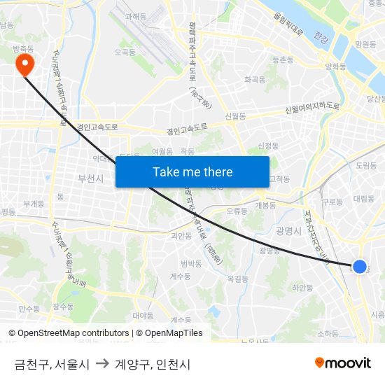 금천구, 서울시 to 계양구, 인천시 map