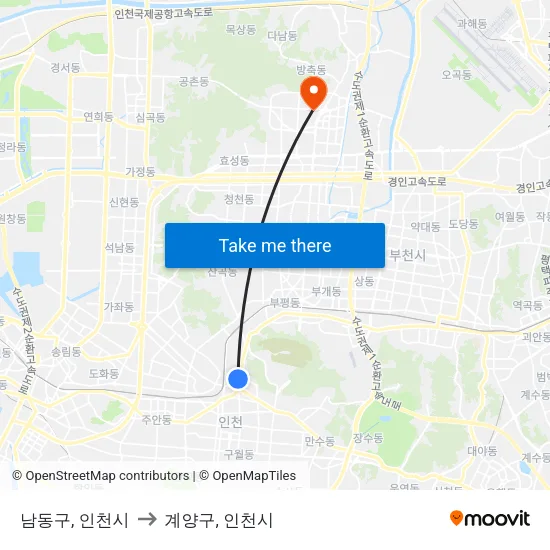 남동구, 인천시 to 계양구, 인천시 map