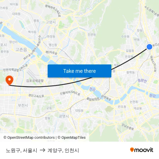노원구, 서울시 to 계양구, 인천시 map