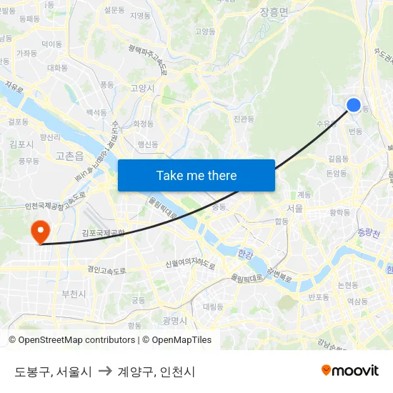 도봉구, 서울시 to 계양구, 인천시 map