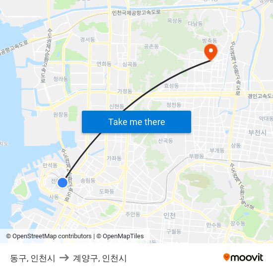 동구, 인천시 to 계양구, 인천시 map