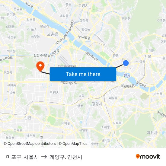 마포구, 서울시 to 계양구, 인천시 map