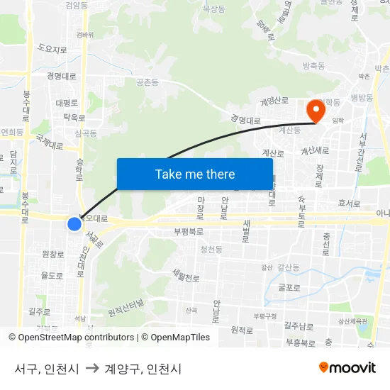 서구, 인천시 to 계양구, 인천시 map