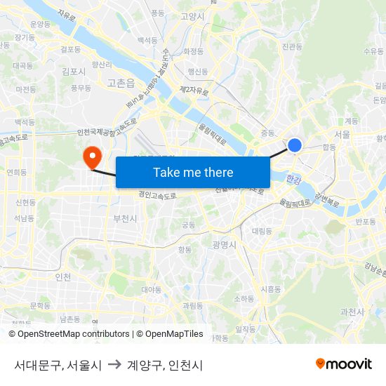 서대문구, 서울시 to 계양구, 인천시 map