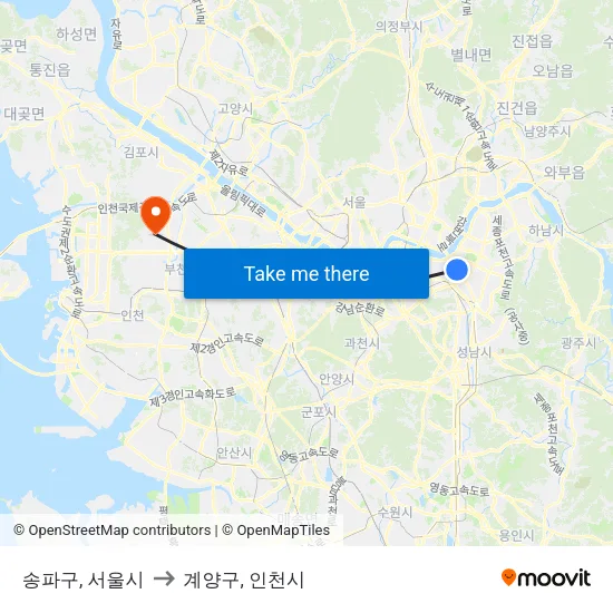 송파구, 서울시 to 계양구, 인천시 map