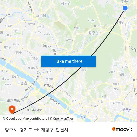 양주시, 경기도 to 계양구, 인천시 map
