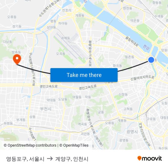 영등포구, 서울시 to 계양구, 인천시 map