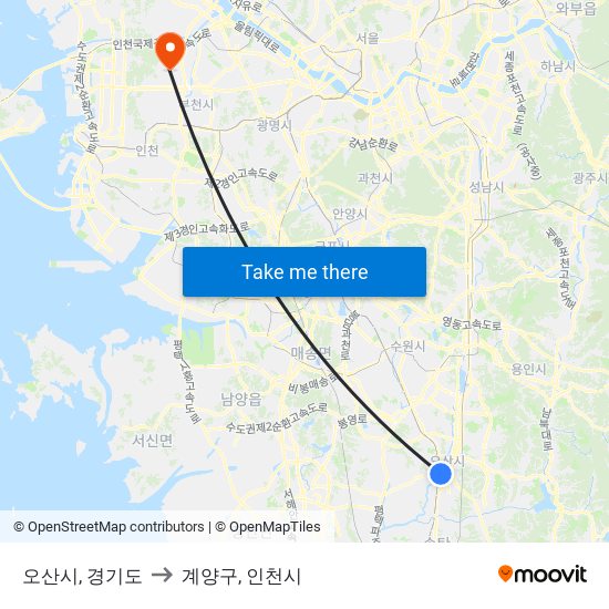 오산시, 경기도 to 계양구, 인천시 map