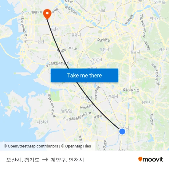 오산시, 경기도 to 계양구, 인천시 map
