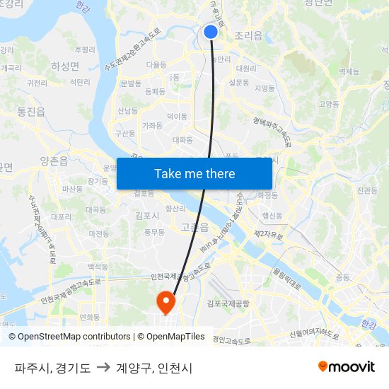 파주시, 경기도 to 계양구, 인천시 map