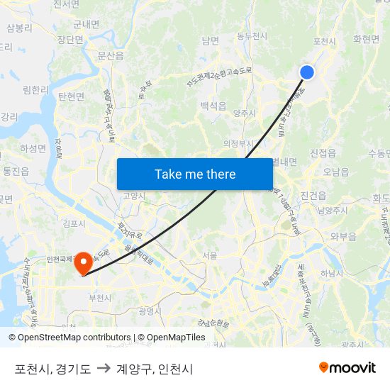 포천시, 경기도 to 계양구, 인천시 map