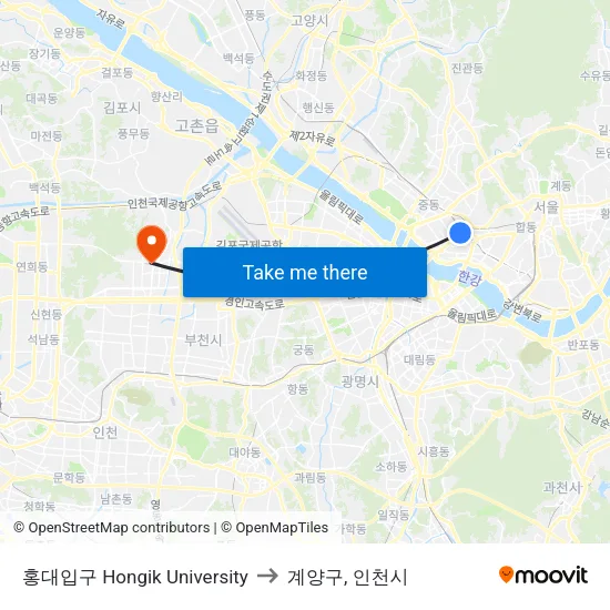 홍대입구 Hongik University to 계양구, 인천시 map