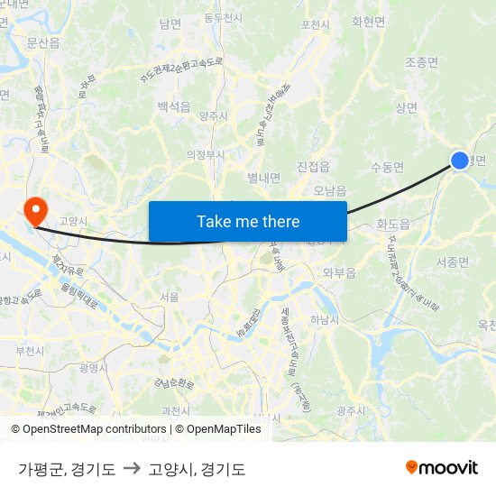 가평군, 경기도 to 고양시, 경기도 map