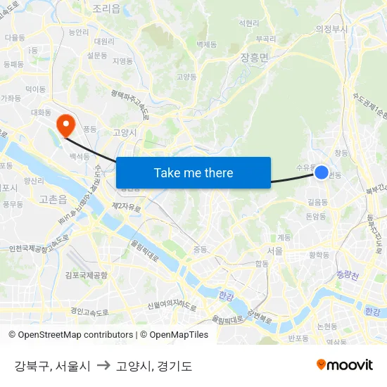 강북구, 서울시 to 고양시, 경기도 map