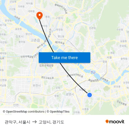 관악구, 서울시 to 고양시, 경기도 map