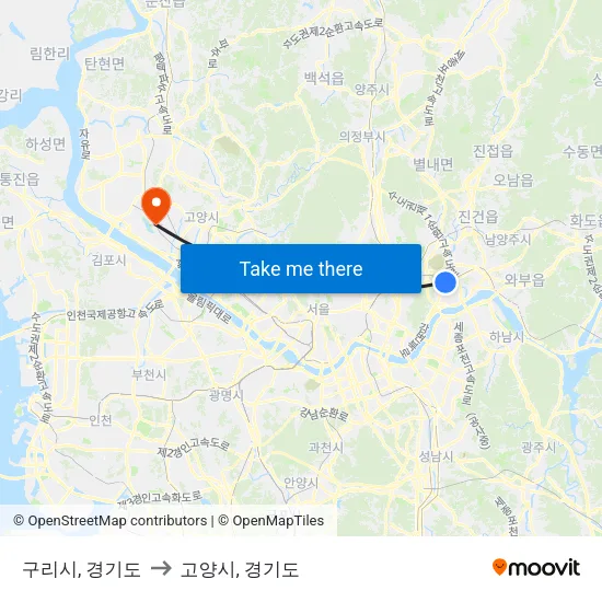 구리시, 경기도 to 고양시, 경기도 map