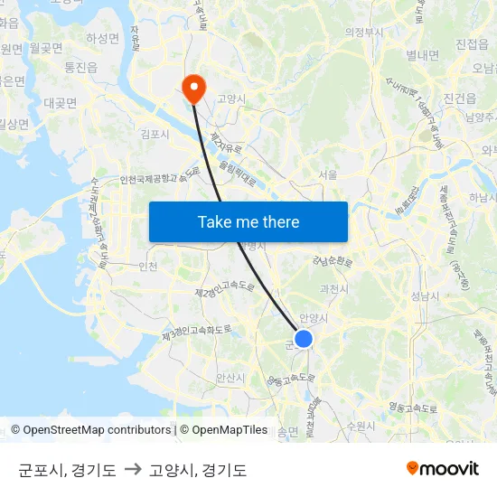 군포시, 경기도 to 고양시, 경기도 map